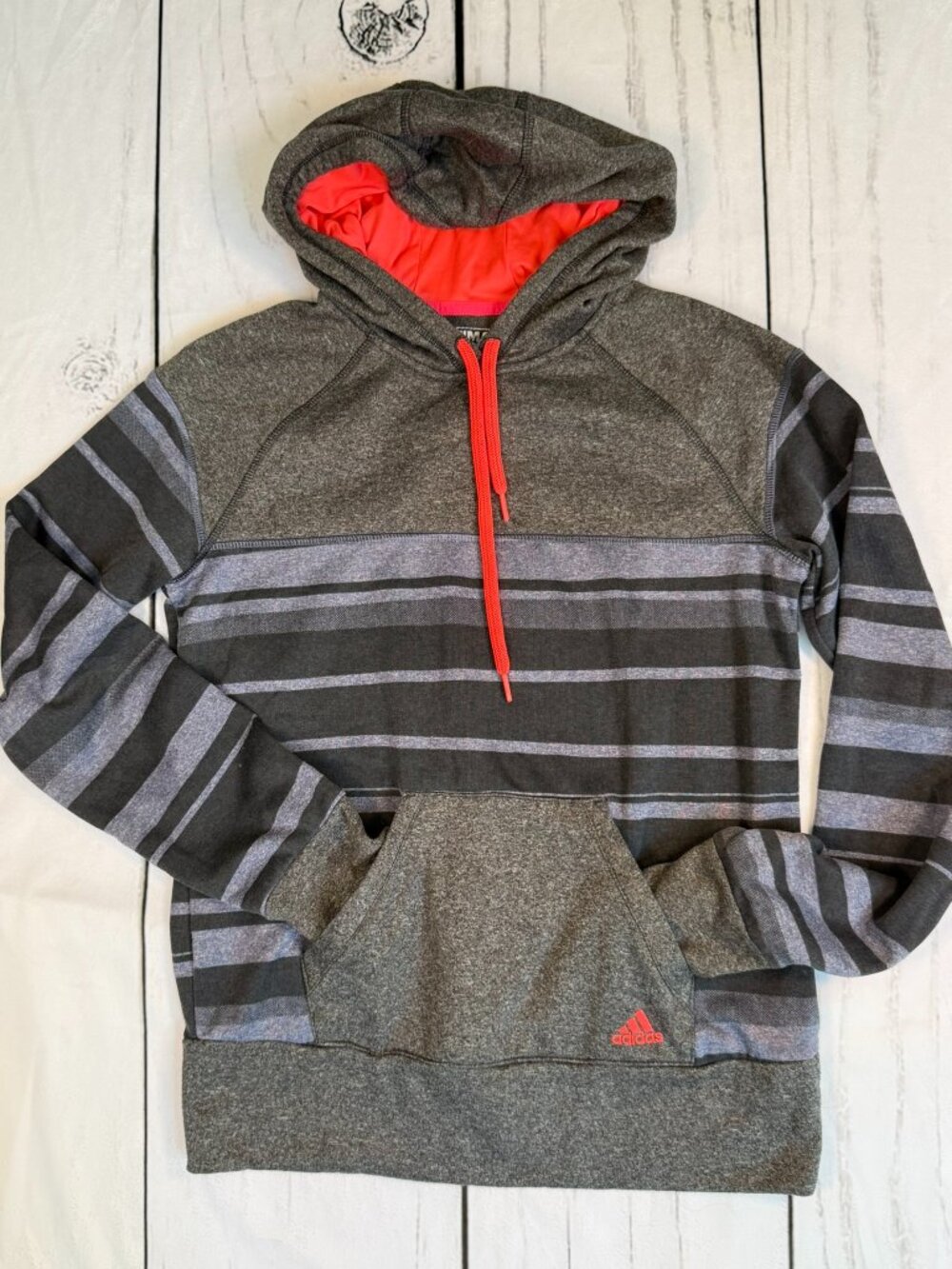 Adidas Climawarm Striped Hoodie Medium Thumbholes Gray Coral Athletic